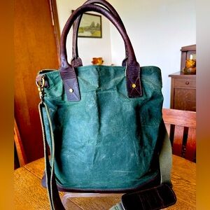 Forest green waxed canvas bag, leather bottom, and handles classic very sturdy